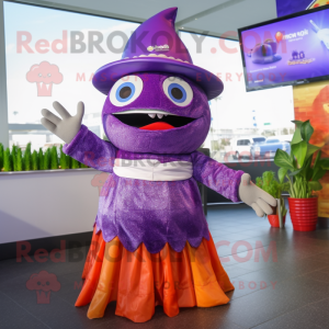 Purple Ceviche mascot costume character dressed with a Maxi Skirt and Caps