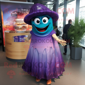 Purple Ceviche mascot costume character dressed with a Maxi Skirt and Caps