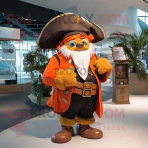 Orange Pirate mascot costume character dressed with a Coat and Messenger bags