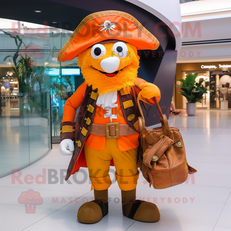 Orange Pirate mascot costume character dressed with a Coat and Messenger bags