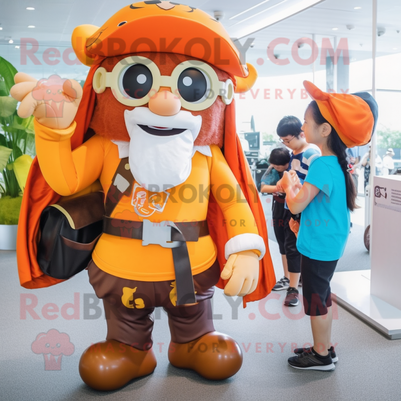 Orange Pirate mascot costume character dressed with a Coat and Messenger bags Orange Pirate mascot costume character dressed with a Coat and Messenger bags