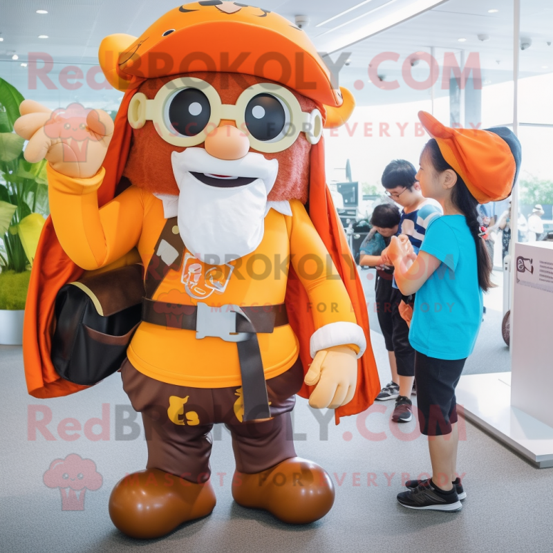 Orange Pirate mascot costume character dressed with a Coat and Messenger bags