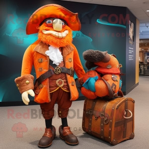 Orange Pirate mascot costume character dressed with a Coat and Messenger bags
