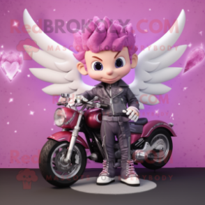 Lavender Cupid mascot costume character dressed with a Biker Jacket and Rings