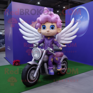 Lavender Cupid mascot costume character dressed with a Biker Jacket and Rings