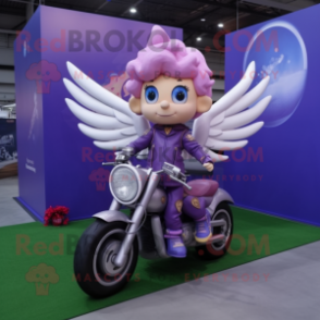 Lavender Cupid mascot costume character dressed with a Biker Jacket and Rings