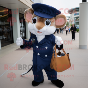 Navy Dormouse mascot costume character dressed with a Suit Pants and Tote bags