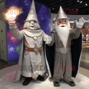 Silver Wizard mascot costume character dressed with a Henley Shirt and Brooches