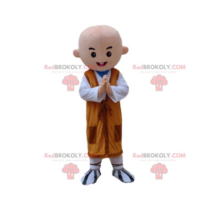 Buddhistisches Mönchmaskottchen mit einer orange Tunika -