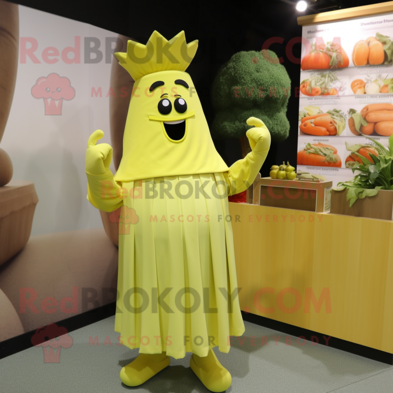 Yellow Celery mascot costume character dressed with a Empire Waist Dress and Cufflinks