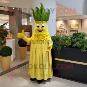 Yellow Celery mascot costume character dressed with a Empire Waist Dress and Cufflinks