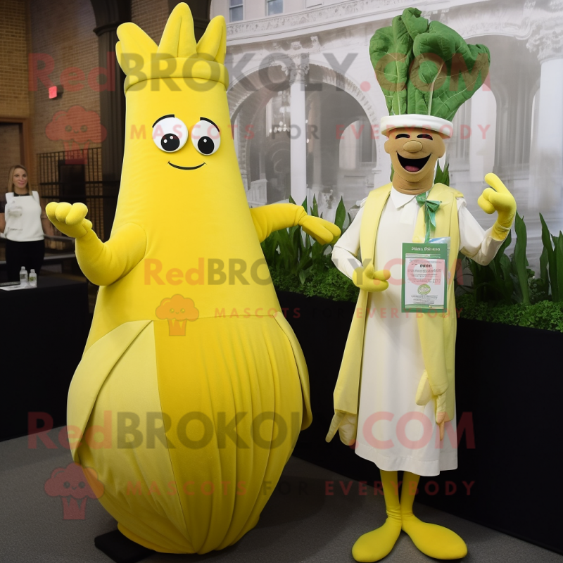 Yellow Celery mascot costume character dressed with a Empire Waist Dress and Cufflinks