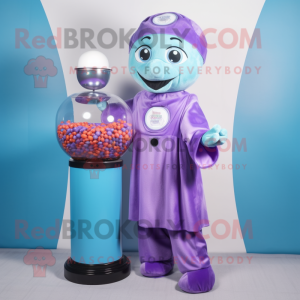 Lavender Gumball Machine mascot costume character dressed with a Jumpsuit and Shawls