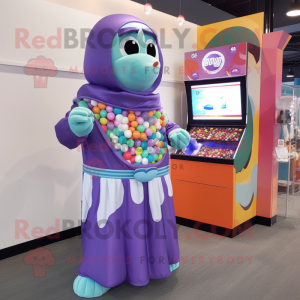 Lavender Gumball Machine mascot costume character dressed with a Jumpsuit and Shawls