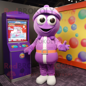 Lavender Gumball Machine mascot costume character dressed with a Jumpsuit and Shawls