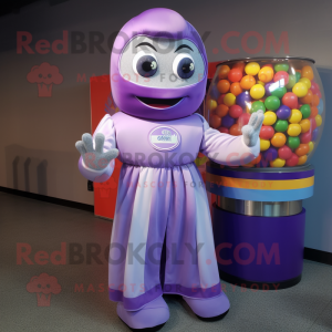 Lavender Gumball Machine mascot costume character dressed with a Jumpsuit and Shawls