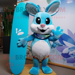 Cyan Rabbit mascot costume character dressed with a Board Shorts and Scarves