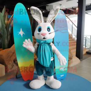 Cyan Rabbit mascot costume character dressed with a Board Shorts and Scarves