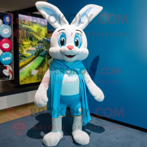 Cyan Rabbit mascot costume character dressed with a Board Shorts and Scarves