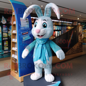 Cyan Rabbit mascot costume character dressed with a Board Shorts and Scarves