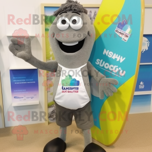 Gray Squash mascot costume character dressed with a Board Shorts and Pocket squares