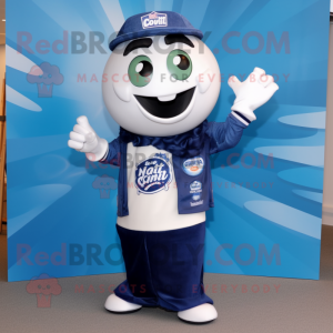 Navy Soda Can mascot costume character dressed with a Oxford Shirt and Hair clips