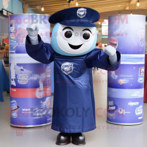 Navy Soda Can mascot costume character dressed with a Oxford Shirt and Hair clips