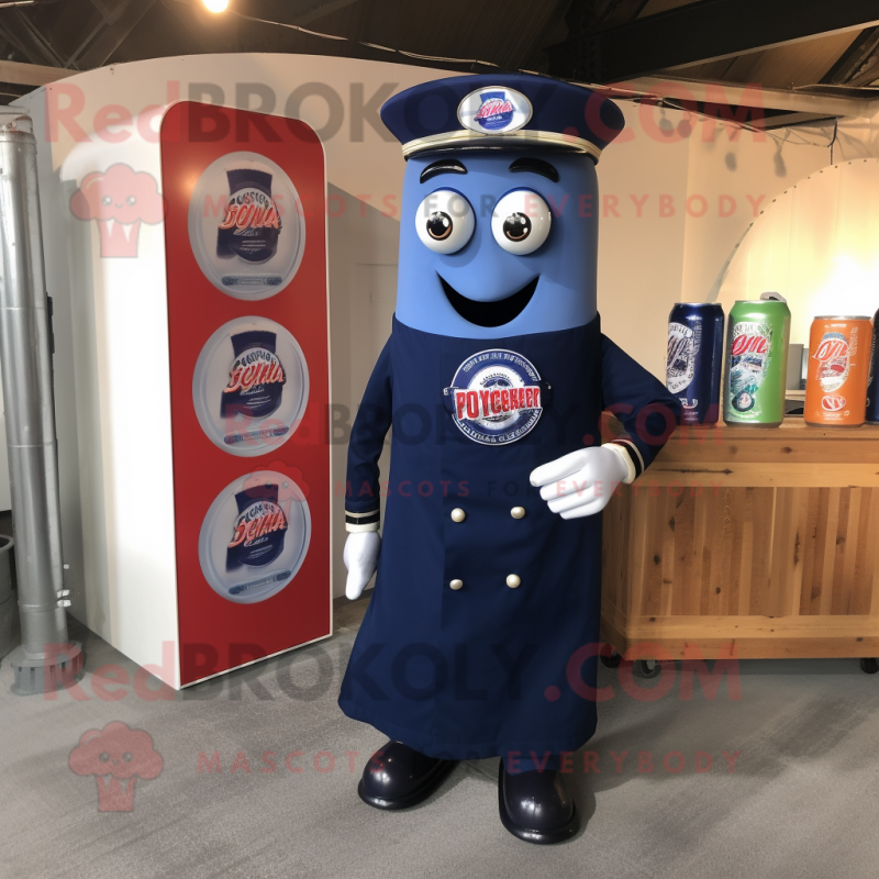 Navy Soda Can mascot costume character dressed with a Oxford Shirt and Hair clips