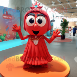 Red Pendant mascot costume character dressed with a Maxi Skirt and Bracelets
