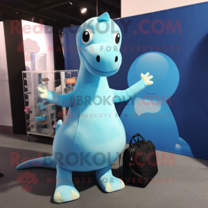 Sky Blue Diplodocus mascot costume character dressed with a Yoga Pants and Handbags