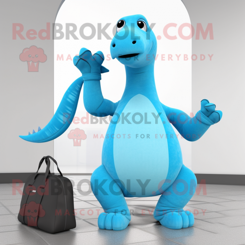 Sky Blue Diplodocus mascot costume character dressed with a Yoga Pants and Handbags