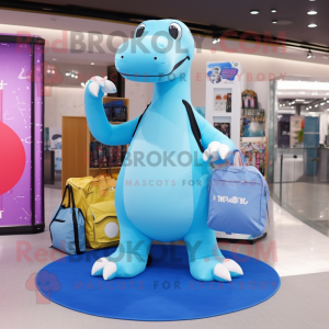 Sky Blue Diplodocus mascot costume character dressed with a Yoga Pants and Handbags