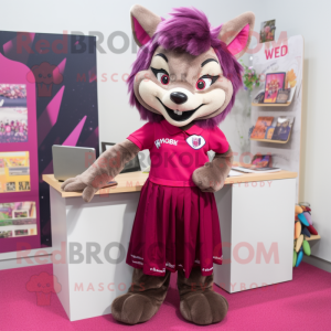 Magenta Say Wolf mascot costume character dressed with a Pencil Skirt and Hair clips