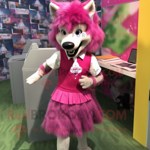 Magenta Say Wolf mascot costume character dressed with a Pencil Skirt and Hair clips