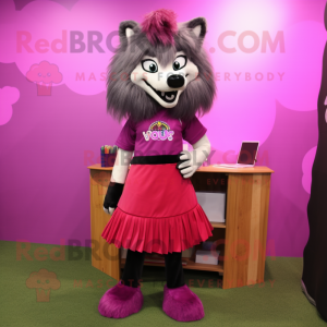 Magenta Say Wolf mascot costume character dressed with a Pencil Skirt and Hair clips