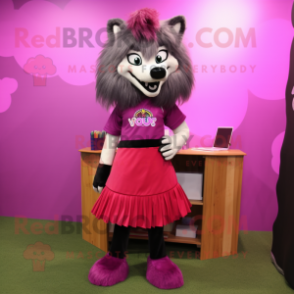 Magenta Say Wolf mascot costume character dressed with a Pencil Skirt and Hair clips