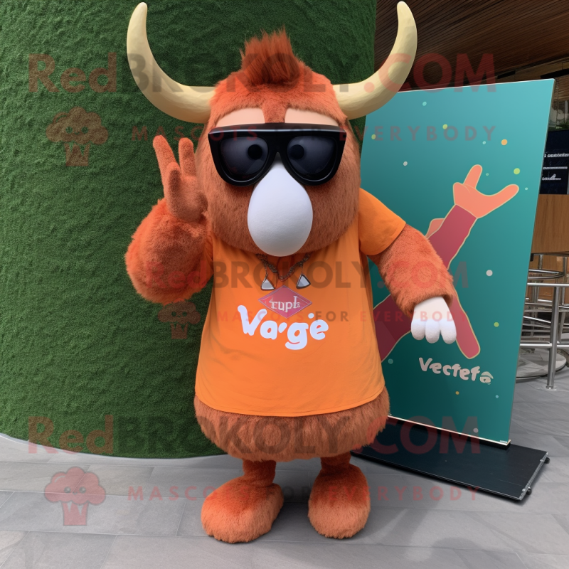 Peach Yak mascot costume character dressed with a V-Neck Tee and Sunglasses