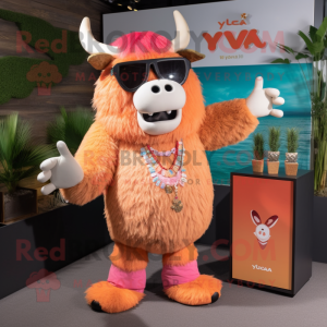 Peach Yak mascot costume character dressed with a V-Neck Tee and Sunglasses