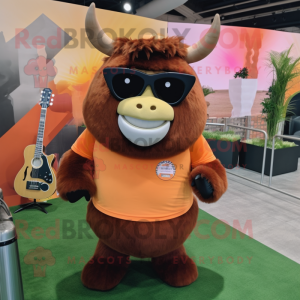 Peach Yak mascot costume character dressed with a V-Neck Tee and Sunglasses