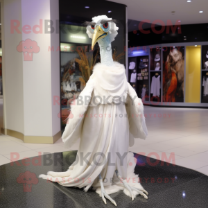 White Archeopteryx mascot costume character dressed with a Ball Gown and Scarf clips