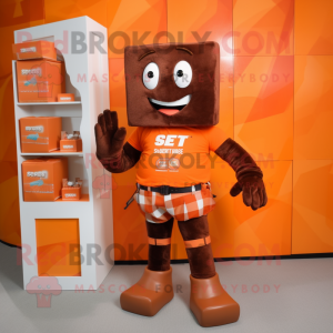 Orange Chocolate Bars mascot costume character dressed with a Bermuda Shorts and Belts