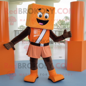 Orange Chocolate Bars mascot costume character dressed with a Bermuda Shorts and Belts