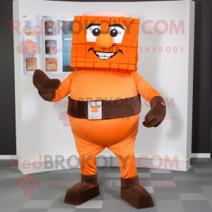 Orange Chocolate Bars mascot costume character dressed with a Bermuda Shorts and Belts
