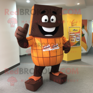 Orange Chocolate Bars mascot costume character dressed with a Bermuda Shorts and Belts