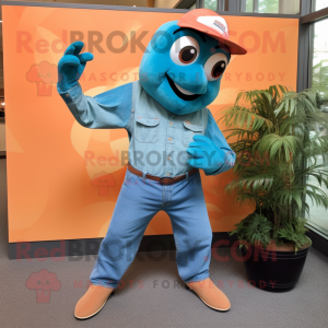 Turquoise Salmon mascot costume character dressed with a Denim Shirt and Gloves