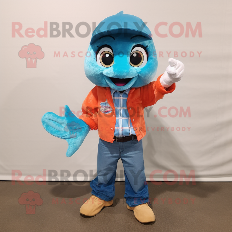 Turquoise Salmon mascot costume character dressed with a Denim Shirt and Gloves