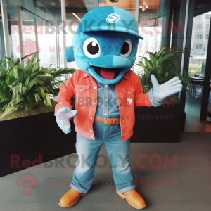 Turquoise Salmon mascot costume character dressed with a Denim Shirt and Gloves