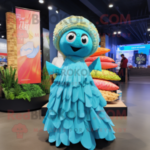 Cyan Fish Tacos mascot costume character dressed with a Ball Gown and Beanies