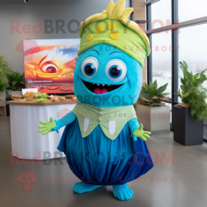 Cyan Fish Tacos mascot costume character dressed with a Ball Gown and Beanies