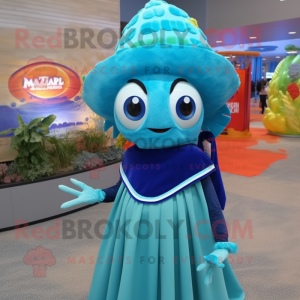 Cyan Fish Tacos mascot costume character dressed with a Ball Gown and Beanies